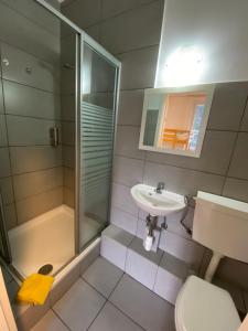 e bagno con doccia, servizi igienici e lavandino. di Interlaken Marco Hostel a Interlaken