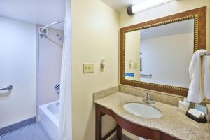 a bathroom with a sink and a mirror and a tub at Hampton Inn Washington-Dulles International Airport South in Chantilly