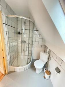 uma casa de banho com um chuveiro e um WC. em L'authentique - duplex route des vins - Free Wifi em Turckheim