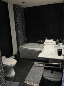 a bathroom with a tub and a toilet and a sink at Amazing Studio S3, City Centre Dordrecht in Dordrecht