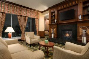 a living room with a fireplace and a tv at Hilton Garden Inn Toronto/Vaughan in Vaughan