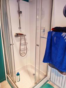 a bathroom with a shower with a blue towel at FUTUROGITE in Saint-Georges-lès-Baillargeaux