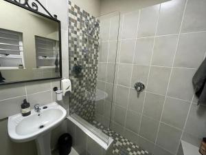a bathroom with a sink and a shower with a mirror at Little Nest One Bedroom Apartment! in Knysna