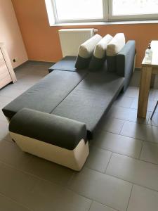 a couch with pillows on the floor in a room at Le Petit Parc in Wavre