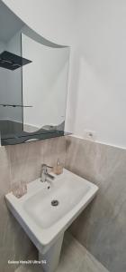 La salle de bains est pourvue d'un lavabo blanc et d'un miroir. dans l'établissement LukAmi Green Home, à Făgăraş