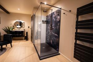 a bathroom with a shower with a glass door at Les Chambres de Sonia et Éric in Couvains