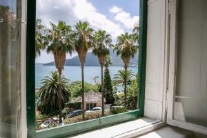 una ventana abierta con vistas al océano y a las palmeras en Apartments Martinetti, en Herceg-Novi