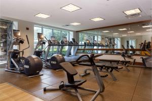 a gym with several treadmills and elliptical machines at Hilton Austin Airport in Austin