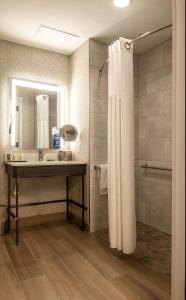 a bathroom with a sink and a mirror and a shower at Hilton Austin Airport in Austin