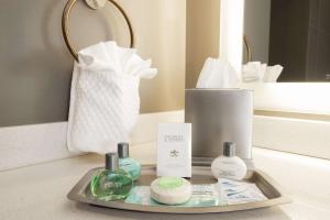 a bathroom counter with a tray with soap and cosmetics at The Mosey Buffalo Williamsville Tapestry Collection Hilton in Williamsville