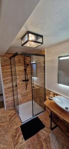 uma casa de banho com uma cabina de duche em vidro e um lavatório. em Chalet Poarta em Bran