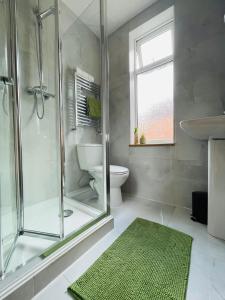 a bathroom with a shower and a toilet and a sink at Lovely 4 Bed, Family & Contractors Luton Airport & M1 by Properties2you in Luton