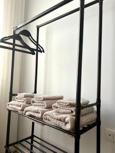 a iron towel rack with towels on it at George apartments2023 in Korçë +22 photos