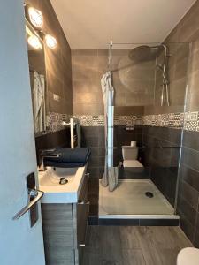 a bathroom with a shower and a sink and a tub at Studio 2 pers avec vue sur l'océan in Lacanau