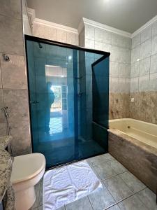 a bathroom with a shower and a toilet and a tub at Fênix Plaza Hotel in Aquidauana