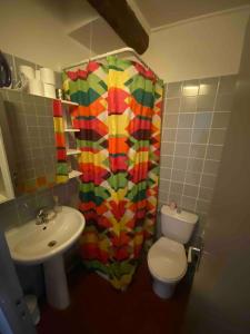 uma casa de banho com um WC e um lavatório com uma cortina de chuveiro colorida em Chez Serge em Marselha
