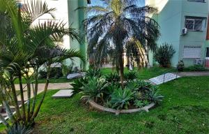 a garden with palm trees and plants in front of a building at Apartamento Completo 2 Quartos Wi-Fi 300 Mbps in Porto Alegre