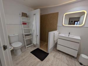 a bathroom with a toilet and a sink and a mirror at Casa de Limon in Palma de Mallorca