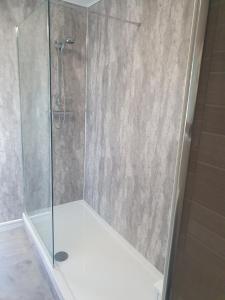 a shower with a glass door and a shower stall at The Airfield Happy Apartment 