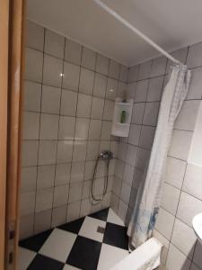 ein Bad mit einer Dusche und einem schwarz-weißen Boden in der Unterkunft Zorić Apartments & Rooms 2 in Dubrovnik