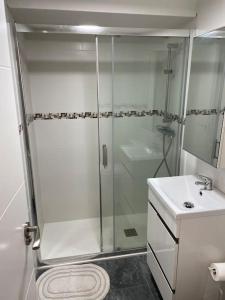 y baño con ducha y lavamanos. en Bonito y acogedor apartamento cerca de Donostia San Sebastián en Lezo