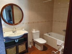 Un baño con lavabo, inodoro y espejo. en Apartamentos Rurales Larrago, en Busturia 37 fotos más