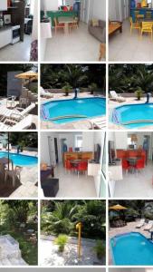 un collage de fotos de una piscina con mesas y sillas en Flat Porto dos Carneiros en Tamandaré