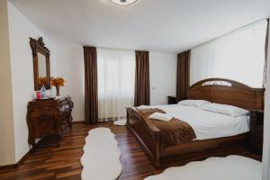 a bedroom with a large bed and a mirror at CASA BARONULUI in Baia Mare