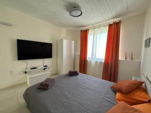 a bedroom with a bed and a flat screen tv at DoMiSol duplex suites near sea in St. Paul's Bay