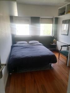 a bedroom with a bed with a blue comforter and two windows at Aux arcades du lac in Montigny-le-Bretonneux