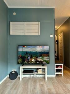 a living room with a flat screen tv on a blue wall at Great apartment centrally located on Majorstua in Oslo +5 photos
