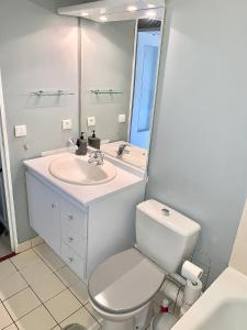 a bathroom with a sink and a toilet and a mirror at Studio cosy in Cergy