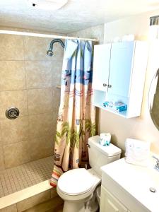 y baño con aseo y cortina de ducha. en Waters Edge - Ocean View at Symphony Beach Club en Ormond Beach