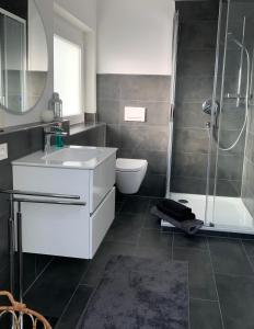 a bathroom with a sink and a shower and a toilet at Klimatisierte Loftwohnung in Filderstadt