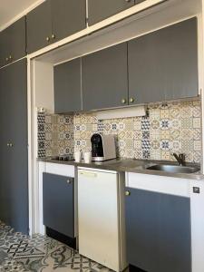 eine Küche mit blauen und weißen Schränken und einem Waschbecken in der Unterkunft Appartement - Carcassonne Centre in Carcassonne