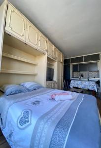 ein großes blaues Bett in einem Zimmer mit Regalen in der Unterkunft Appartement - Carcassonne Centre in Carcassonne