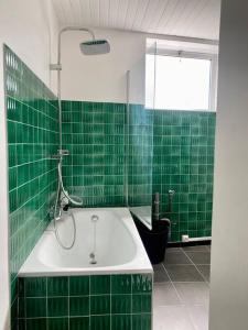 ein grün gefliestes Bad mit einer Badewanne und einer Dusche in der Unterkunft Appartement - Carcassonne Centre in Carcassonne + 3 Fotos