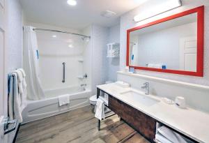 a bathroom with a tub and a sink and a mirror at Hampton by Hilton Ottawa in Ottawa
