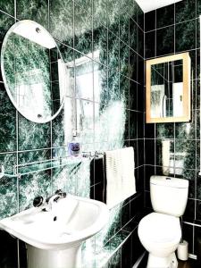 ein Badezimmer mit einem Waschbecken, einem WC und einem Spiegel in der Unterkunft Cosy bright home in Murrayfield in Edinburgh