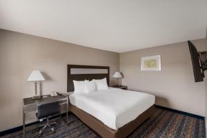 a hotel room with a bed and a desk with a computer at Americas Best Value Inn Farmington in Farmington