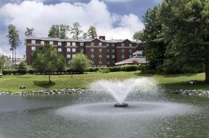 a fountain in a pond in front of a building at Homewood Suites Williamsburg in Williamsburg