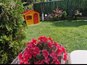 a house and a flower pot with red flowers in a yard at Guest House Simon Green in Balchik +40 photos