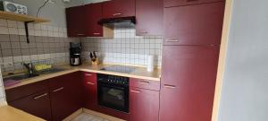 cocina con armarios rojos, fregadero y fogones en Ferienwohnung Emmerthal, en Emmerthal