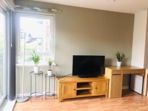 un salon avec une télévision sur un meuble en bois dans l'établissement City centre 2 bedroom flat sleeps 7 with free parking, à Édimbourg