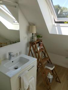 uma casa de banho com um lavatório e um espelho em Le Clos des Mouettes em Calais