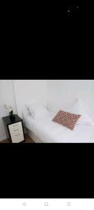 IMHOST Superbe appartement canal de l'Ourcq - la Villette في باريس: سرير ابيض عليه منشفة مطبوعة فهد