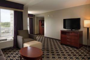 a hotel room with a television and a living room at Hilton Garden Inn Auburn Riverwatch in Auburn