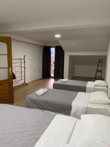 Cette chambre comprend 3 lits et une fenêtre. dans l'établissement Struga Apartments, à Struga
