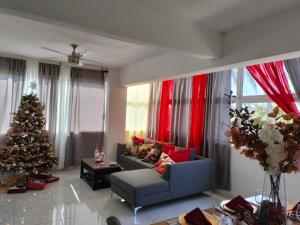 - un salon avec un arbre de Noël et un canapé bleu dans l'établissement Hotel boutique CVC, à Acapulco