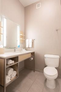 a bathroom with a toilet and a sink with a mirror at Hilton Garden Inn Calabasas in Calabasas